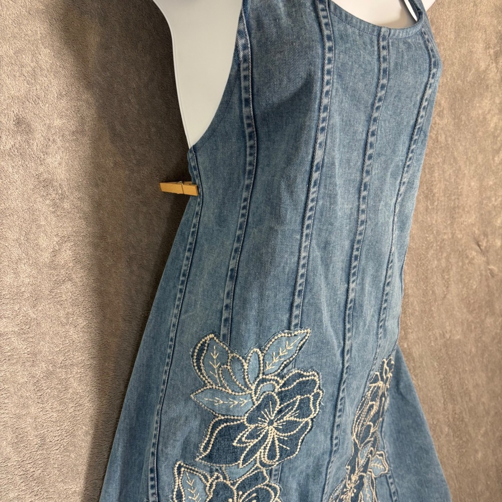 Maeve Anthropologie Blue Denim Halter Dress Floral Embroidered Smocked XL Boho - Picture 6 of 16